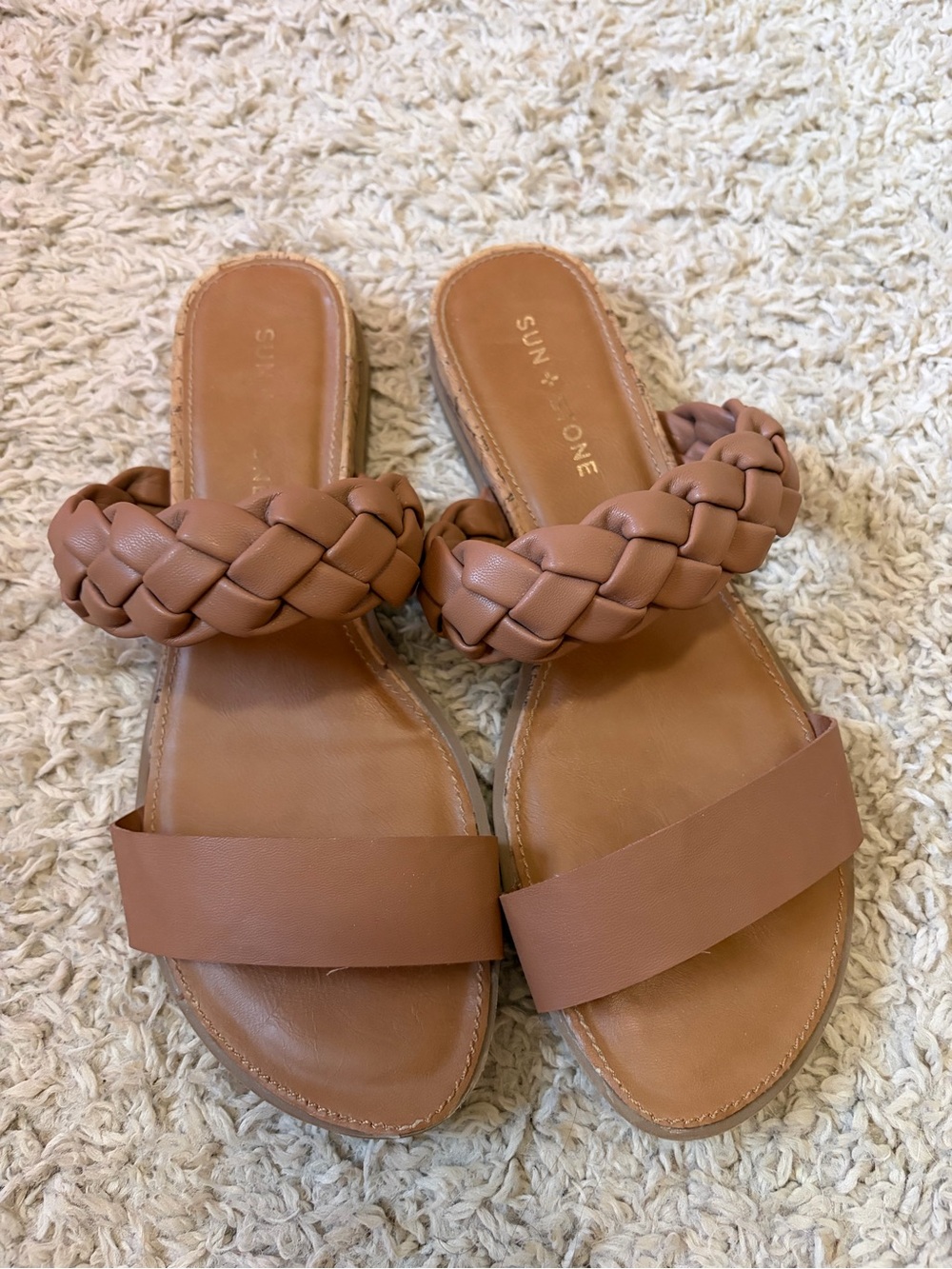 Sun + Stone Braided Band Slide Sandals in Brown
